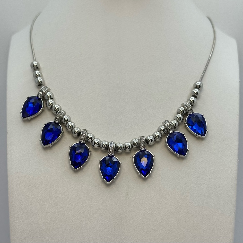 Silver Sapphire Blue Teardrop Crystal Statement Bib Necklace Glam Bling